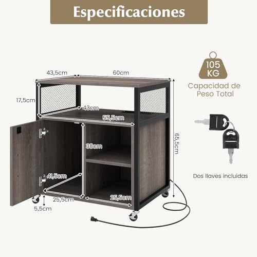 COSTWAY Cajonera con Estación de Carga, Cajonera Escritorio con Ruedas, 3 Compartimentos, Soporte para Impresora con Cerradura, Estantes Ajustables, 60 x 43,5 x 65,5 cm (Gris) - imagen 3