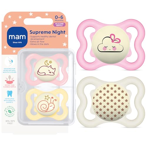 Image of MAM Supreme Baby Pacifier, Newborns 0-6 Months, Developed with Orthodontists, Extra Air Flow for Sensitive Skin, Glows in The Dark, BPA-Free Silicone, Sterilizer Case, Pack of 2, Made in Europe