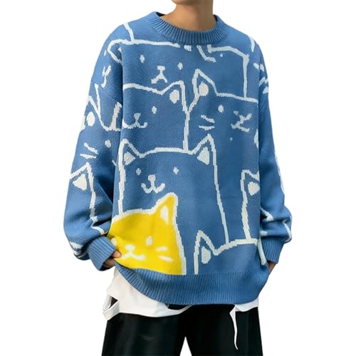 Jersey para hombre, dibujos animados, gato, estampado, jersey de punto de manga larga, cuello redondo, suéter de invierno, otoño, cálido, suelto, de punto, ropa de calle, japonés, gótico, ropa de