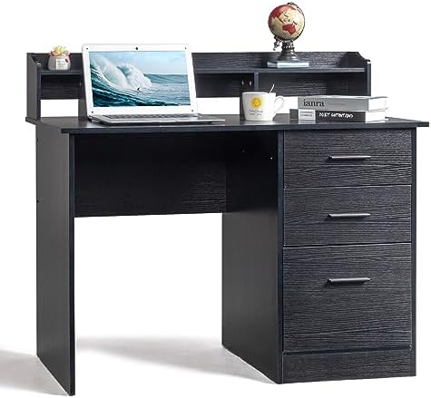 Karl home Black Computer Desk with Drawers ＆ Desktop Hutch, Modern Work Study Gaming Writing Home Office Desks with Storage for Kids, Small Wood Table for Bedroom, PC Laptop Workstation