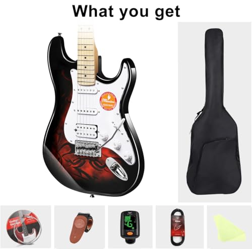 Image of Electric Guitar Beginner Kits, 6 Strings 39 Inch Solid Body Guitarra Electricar Set for Adults With Gig Bag, Strap, Tremolo Arm, Cable & Picks MS100 (Flame Red)