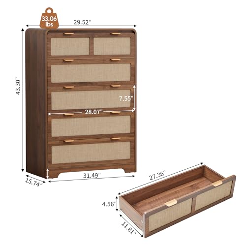 Image of 43 inch Tall Dresser for Bedroom, 5 Drawer Mid Century Modern Dresser with Natural Linen, Curved Wood Chest of Drawers Closet Clothes Storage Organizer for Living Room, Hallway (Walnut)