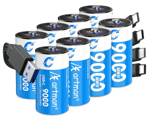 Artman Rechargeable Lithium C Batteries 8 Pack, 1.5V C Cell Batteries with 4 in 1 USB-C Charging Cable, 9000mWh High Capacity Size C Li-ion Battery for Floodlight Toys, Recharge up to 1200+ Cycles