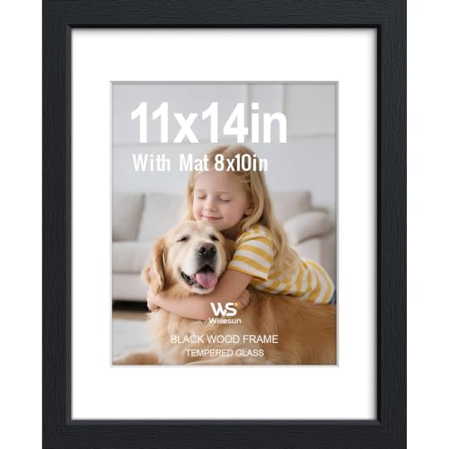 Wisesun 11x14 Picture Frame, Black Wood with Real Glass, 8x10 Mat, 1 Pack