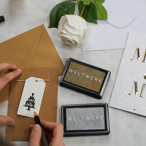 WELTWERK Stempelkissen Gold Silber wiederverwendbar [ungiftig & abwaschbar] – wasserbasiertes Pigmentkissen für Abdrücke – inkl. Bastelideen für Scrapbooking, Hochzeit, Weihnachten & Geschenke