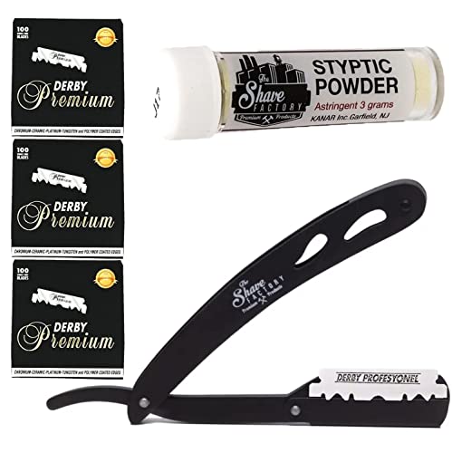 The Shave Factory - Shave Kit, Straight edge razor, single edge razor and styptic powder, starter shave kit, shaving kit (Black Razor/Premium Single Edge/Styptic Powder)