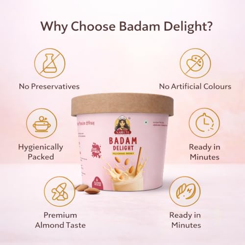 Image of Nairuti Vyutpadan Badam Delight Milkshake Premix Powder 150g | Healthy Banana Dry Fruit Mix with Almonds, Rock Sugar | No Preservatives | Instant Badam Shake Powder for Kids & Adults | Ready In A Minute - Milkshae Premix