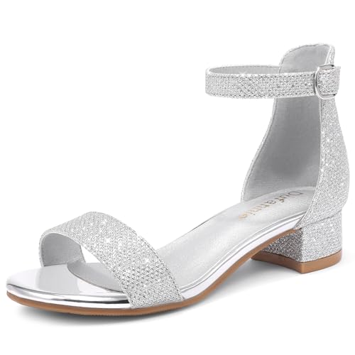 Dufannie Girls Heels for Kids Silver Dress Shoes Big Kid Heel Sandals Size 3 Sparkle Flower Girl Shoes Wedding Pageant Church Party Easter Fancy Open Toe Tween Sandals Pumps(3603Silver 3)