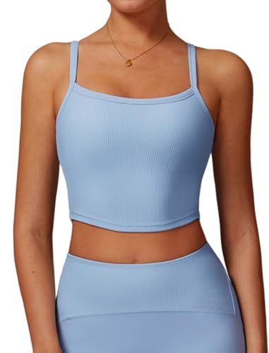 Image of Womens Scoop Neck Longline Sports Bras Fixed Cross Back Women Workout Crop Tank Tops with Built in Bra Active Wear Athletic Work Out Gym Yoga Padded Bra Tank Top Blue M