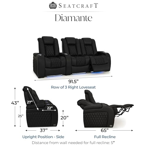 Image of Seatcraft Diamante Black Italian Leather Home Theater Seating, Zero Gravity Power Recliner Gaming and Home Office Chair Powered Headrest Lounge Sofa Furniture for Cinema Room, Row of 3 Right Loveseats
