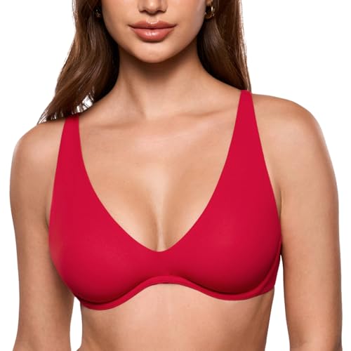 INLYRIC Women's Inbarely Plus Unlined Bras V Neck No Padding Underwire Tshirt Balconette Full Coverage Comfort Lounge Bras Lipstick Red 34D