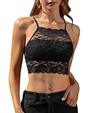 DotVol High-Neck Lace Bralette for Women Racerback Floral Crop Top Vest Bra(Medium, Black)