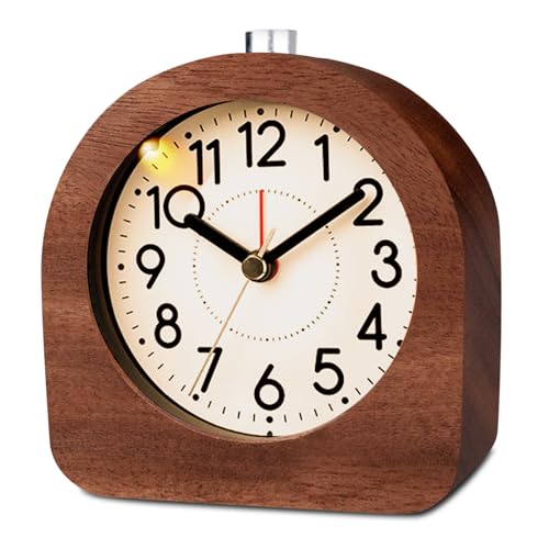 BORDEAG Reloj despertador analógico de madera, despertador analógico sin toque, despertador digital, mesita de noche, reloj de mesa con luz de noche, despertador analógico de madera, con pilas, para