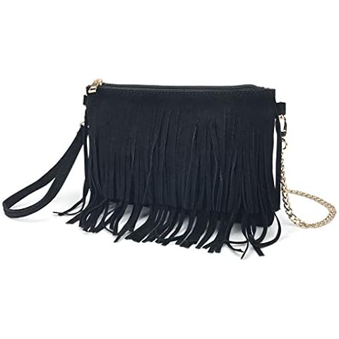 Hoxis Fringe Cross Body Bag Womens Small Shoulder Bag Top Zip Wristlet (Black) Cover