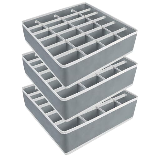 Yucch Juego de 3 Organizador Cajones, 24 Celdas Plegable Organizador Calcetines, Organizador Armario Ropa con Compartimento para Calcetines, Bragas, Corbatas, Cinturones (Gris)