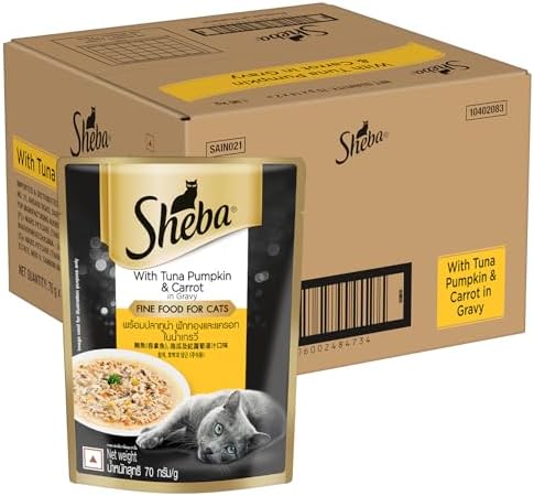 Sheba Fine Premium Adult (1+ Years) Wet Cat Food, Tuna Pumpkin & Carrot in Gravy, 70 g Pouch (Pack of 28), High-moisture gravy cat food for healthy hydration