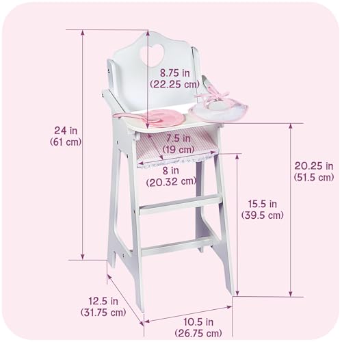 Badger Basket Wooden Baby Doll High Chair - Fits 18" Dolls - Includes Tray, Bib & Free Personalization Kit - Best for Toddler Girls for Pretend Play - White with Pink Gingham Seat by Badger Basket - Image 3
