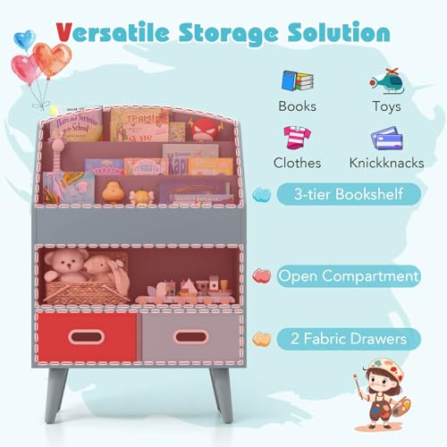 HONEY JOY Kids Bookshelf, Children Book Display Rack with 3-Tier Bookshelves, Open Compartment & 2 Fabric Drawers, Bookcase Toy Organiser for Playroom, Classroom & Nursery, for Toddlers 3+ Years, Grey - Image 4