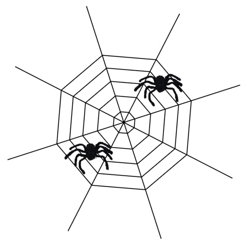 BOXOB 3 Pezzi Decorazione di Halloween a Forma Ragnatela, Decorazione Gigante a Forma Ragnatela Nera con 2 Grandi Ragni Pelosi per la Casa Stregata in Giardino Decorazioni per Feste di Halloween