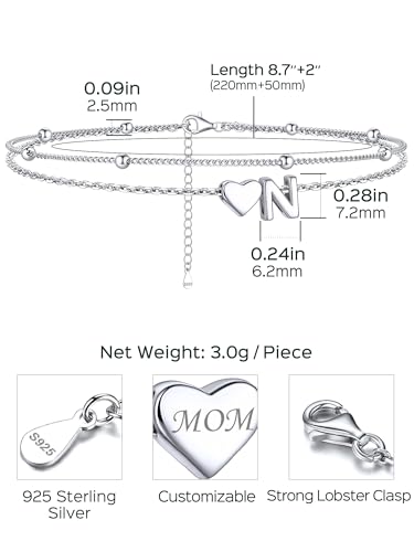 Image of ChicSilver Sterling Silver Anklets for Women Hypoallergenic Womens Ankle Bracelets for Women Layered Heart Anklet With Initials Womens Anklets Jewelry for Mom Wife