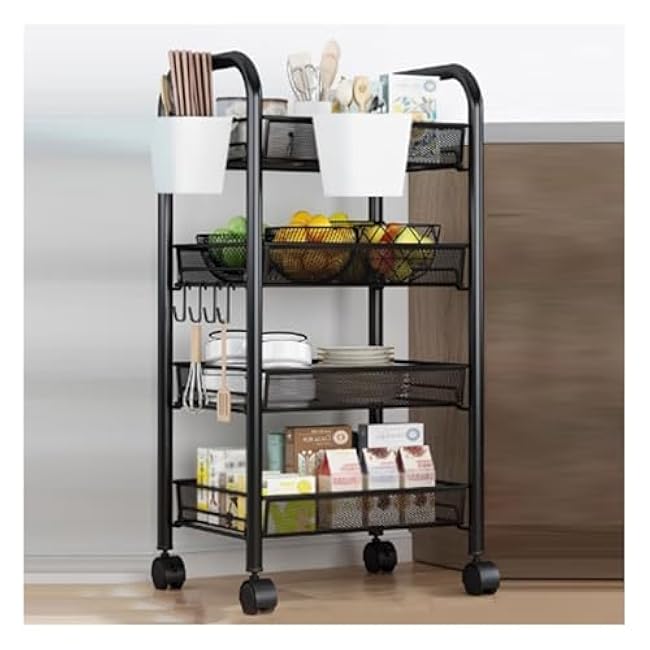 3 Tier Rolling Storage Trolley Cart - Black Kitchen Organizer with Removable Hooks & Storage Box for Beauty Salon, Office, Home, Bathroom - 44x27x84cm-SSoe3hih