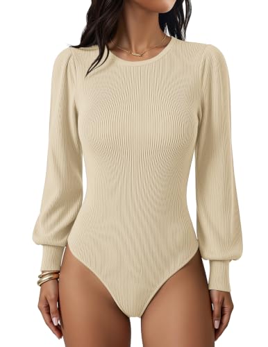 Image of Zeagoo Womens Sweaters Long Sleeve Bodysuits 2026 Fall Crewneck Puff Knit Pullover Tops