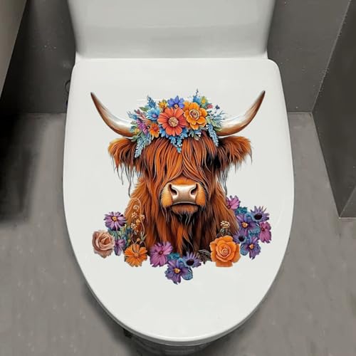 Leniutor 1 x Rinder-WC-Deckelaufkleber, WC-Deckelaufkleber, wasserdicht, Cartoon-niedlicher Toilettensitz-Aufkleber, Badezimmer-WC-Türsitz-Dekoration (Kranz, langhaariges Rinder)
