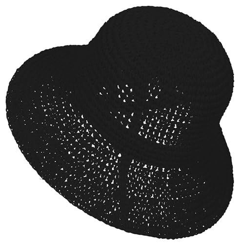 Damen-Sonnenhut, handgefertigt, gehäkelt, Stroh, Sommerhut, UV-Schutz, faltbar, Reisekappe, LSF 50+, Schwarz, Einheitsgröße