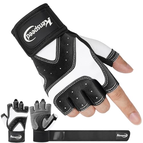 Kenspeed Guantes de entrenamiento para hombre, totalmente protectores y transpirables, antideslizantes y mejor agarre, guantes de gimnasio con soporte de muñeca para fitness (blanco, L)
