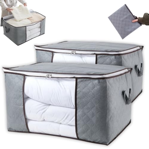 Kit C/2 Bolsas Organizadoras Multiuso C/Zíper, Visor Transparente, Tecido Premium, Alças Laterais, Dobrável e Empilhável - Ideal para Roupas de Cama, Sapatos e Brinquedos - Marca Bigzu®