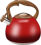 Foedo Festive Red Stovetop Whistling Tea Kettle 3.2 Quart - Stainless Steel with...