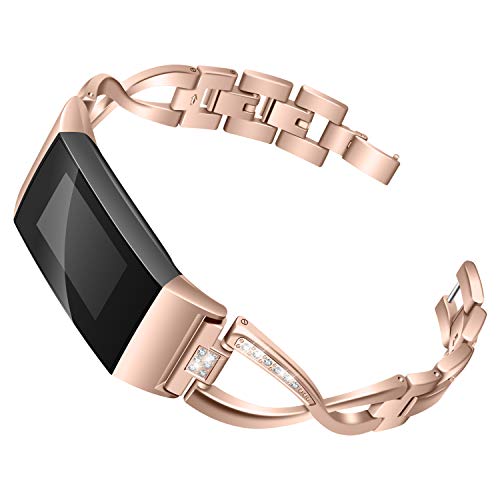 Joyozy Metal X-Link Bling Bands Compatible with Fitbit Charge 3/ Charge 3 SE Smartwatch, Replacement Wrist Accessory Fitness Bands Straps Bracelet Wristbands Women 5.5''-8.0''(Rosegold)