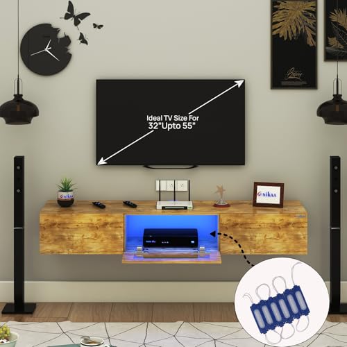 Image of Anikaa Lucen Wall Mount Modern Floating TV Unit for Living Room | 3 Closed Storage cabinets with hinged Door - Blue Color LED Light | Ideal for UP to 55 Inch TV (Gaintwood Finish - DIY Installation)