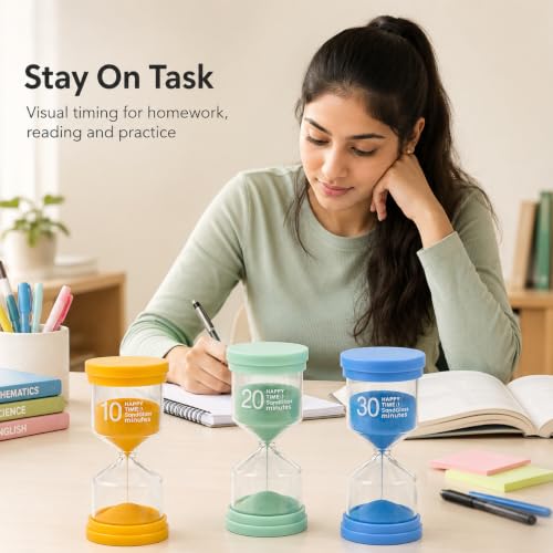 Image of 3 Pack Sand Timer Set, 10 20 30 Minute Colour Coded Hourglass for Kids Study, Homework, Kitchen, Classroom and Desk, Protective Plastic Frame