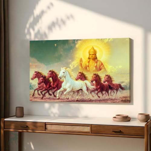 Image of PAINTINGMANRA Shurya Dev 7 Running Horses Canvas Wall Art Painting For Living Room Seven Horse Vastu Feng Shui Canvas Painting Positive Energy Wall Art For Home, Office, 22x34 Inch