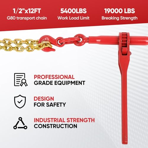 Image of FAHKNS Ratchet Chain Binder Set 3 /8-1 /2 inch 2 Pack 3 /8 inch x 10FT Chains G80 | 9200LBS WLL, 33000LBS Break Strength, Heavy Duty Ratchet, Complete for Truck Flatbed Tie Down