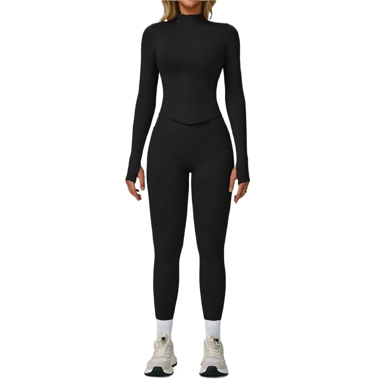 Donna Set di Abbigliamento Yoga Set da yoga senza cuciture for abbigliamento sportivo 2/3 pezzi, palestra a maniche lunghe donna, completo di sport fitness(Black Set-2,L)