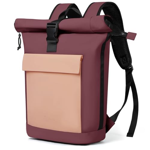 Lekeinchi Rolltop Rugzak voor dames en heren, elegante laptoprugzak, waterdicht, met 17 inch laptopvak, grote reisrugzak, dagrugzak, schoolrugzak voor reizen, universiteit, school, werk, bordeauxrood,