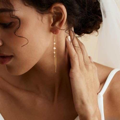 MBW Gold Threader Earrings for Women, 14K Dangle Long Chain Drop Earrings Dangling, Dainty Elegant Dangly Ear Chain with Tassel and Cubic Zirconia for Wedding Hoco Trendy Jewelry Accessories Gifts4