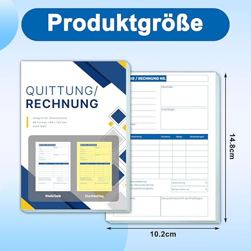 Yezirzax 2 Stück A6 Quittungsblock mit Durchschlag, 2 x 50 Blatt Quittungsblock Kleinunternehmer, Rechnungsblock Durchschreibend für Kleinunternehmer Vereine Selbständige