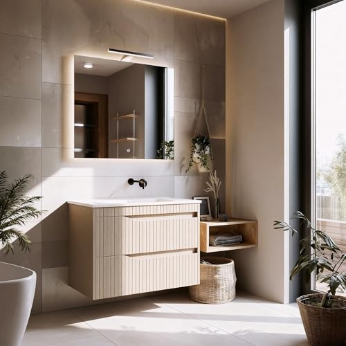 Newroom Waschbeckenunterschrank mit Waschbecken - Front Mokka lackiert - Badezimmerschrank hängend mit 2 Schubladen - Badschrank/Badezimmer Unterschrank - 80x60x46 cm - Badmöbel Set