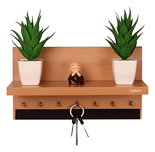 Image of Captiver Engineered Wood Wall Mounted Key Holder with Storage Shelf Racks Stands (7 Hooks, Matte Beech) V Office Kitchen Chain Ring Keys Decorative Home Decor Stylish Keyholders Organizer