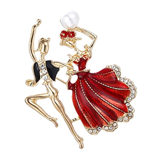 Image of Prince Princess Dancing Couple Brooch Rhinestones Pearl Decorative Red