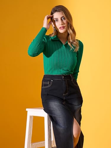 Image of 98 Degree North Women Ribbed Collar Neck Pullover-G1154-EMERALDGREEN