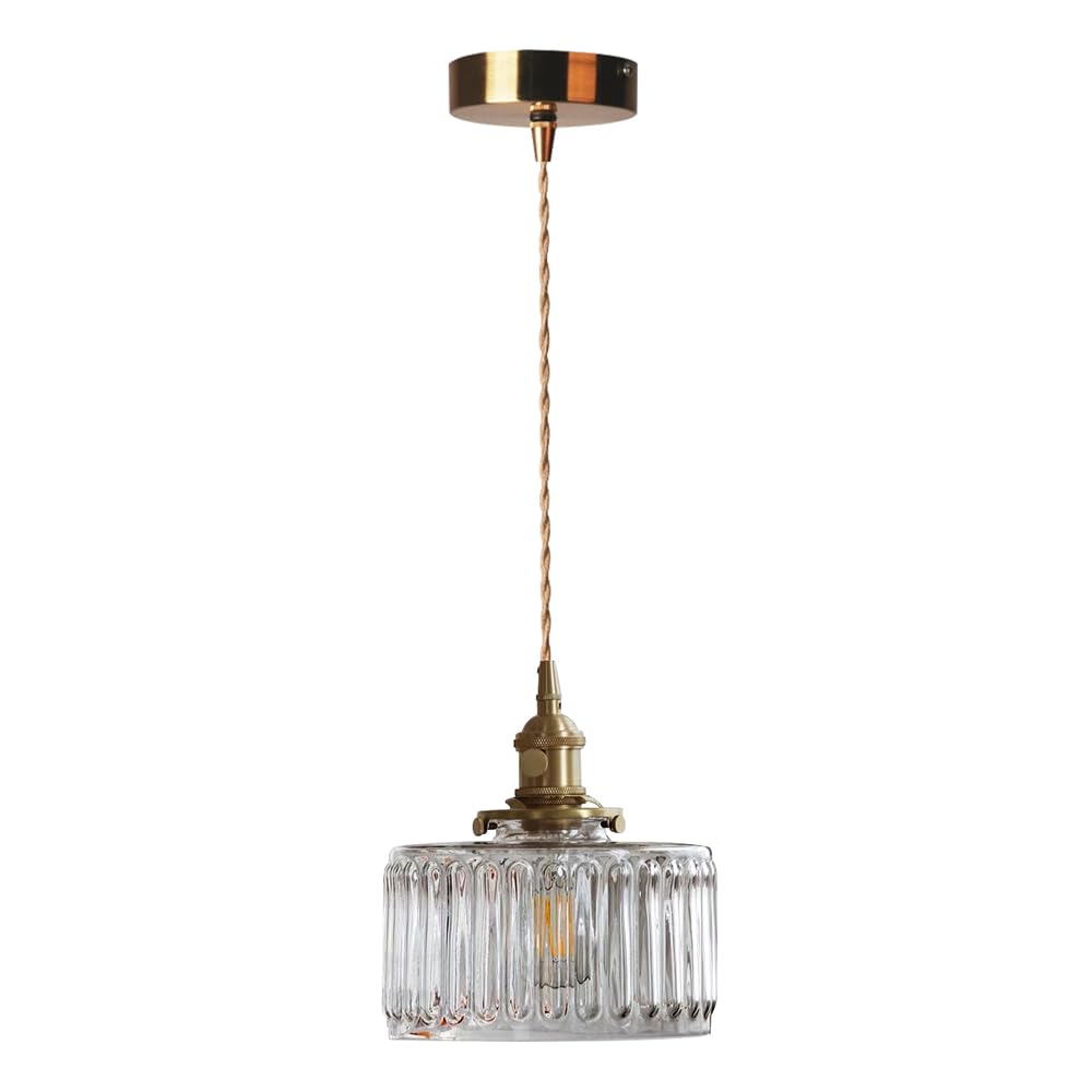 KBUUKYYXouy Transparent Striped Glass Hanging Lamp, French Minimalist Chandelier, E26 Light Source Single Head Pendant, Restaurant Living Room Bedroom Decoration Fixtures