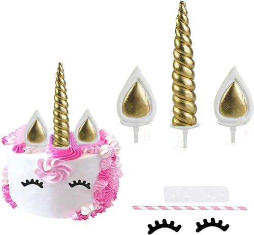 Decoración para tartas de unicornio, para cumpleaños, bodas, fiestas, decoración de tartas, lindas orejas de cuerno y pestañas, decoración para tartas, para fiestas, baby showers (dorado)