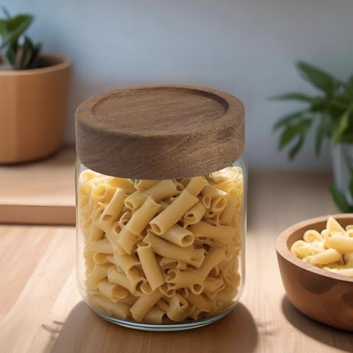 Glass Storage Jar with Acacia Wood Lid, 600 ml, Kitchen Container for Pasta Home Decor Modern Accent Stylish Accessories Cozy Home Elegant House Unique Decoration Interior Design Ideas