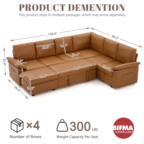 Image of 108 Inch Faux Leather Modular Sectional Sofa with Pull Out Bed,U Shaped 7 Seat Sectional Sleeper Sofa with Storage,Sectional Couches for Living Room,Cloud Modular Couch,Brown Leather