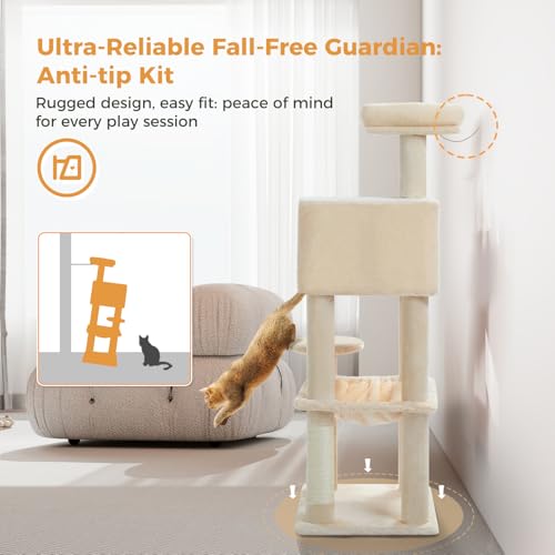 Image of MUTTROS Cat Tree for Indoor Cats, 44.5 inch Multi-Level Cat Tower with Large Metal Frame Hammock, Cat Condo with 2 Scratching Posts and Top Perch for Small to Medium Cats, Beige