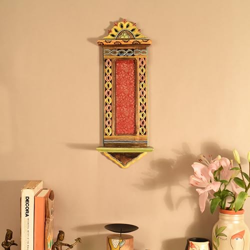 Image of AAKRITI ART CREATIONS Handcrafted Brown Wooden Wall Shelf | Decorative Hand-Painted Storage Rack, Floral Art, Matte Finish | Wall Mount Shelf for Home